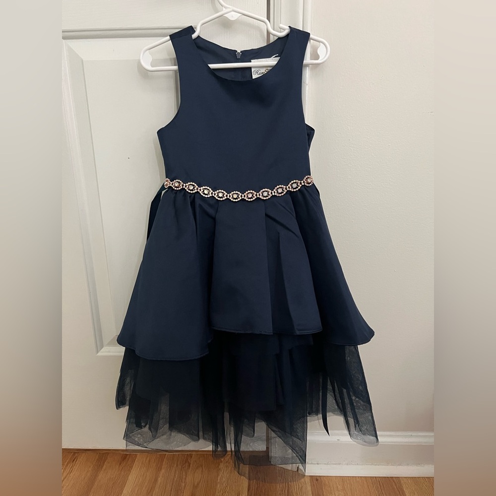 Rare Editions Navy Blue Satin/Mesh Tiered High-Low-Hem Dress